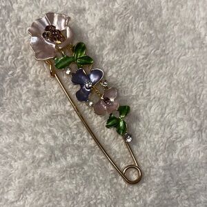 Floral Enamel Brooch with Gold and Rhinestone Accents